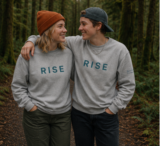 Rise Sweatshirt at a Pacific Northwest forest trail — queer-owned PNW Pride apparel, front view