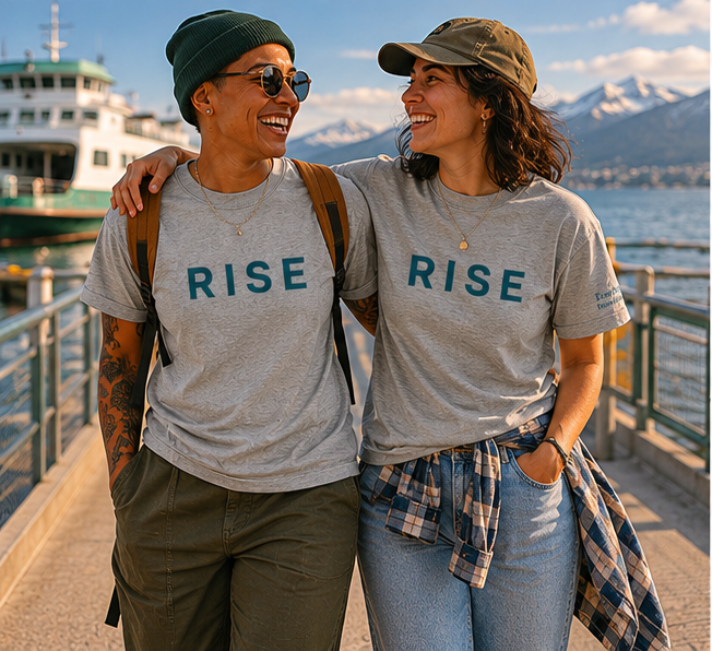 Rise T-Shirt at a Pacific Northwest ferry terminal — queer-owned PNW Pride apparel, front view