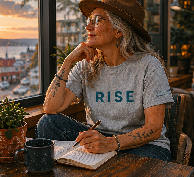 Rise T-Shirt in a window seat with a journal — queer-owned PNW Pride apparel, front view