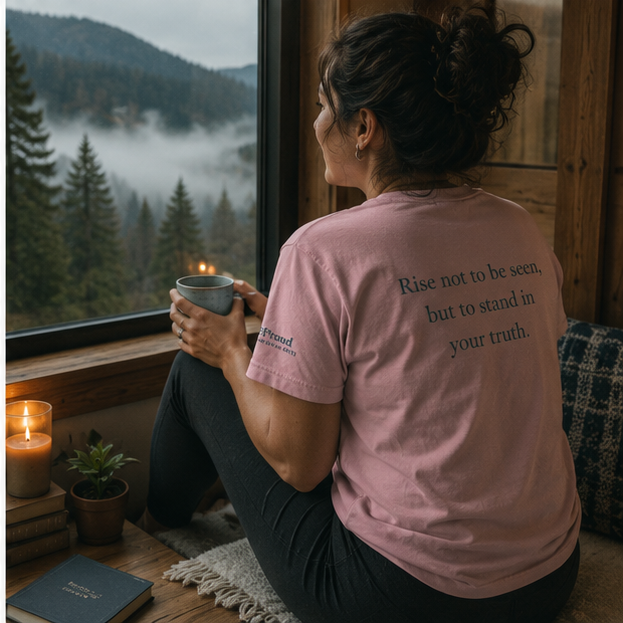 Rise Women's Relaxed T-Shirt in a Pacific Northwest forest cabin window — queer-owned PNW Pride apparel, back view