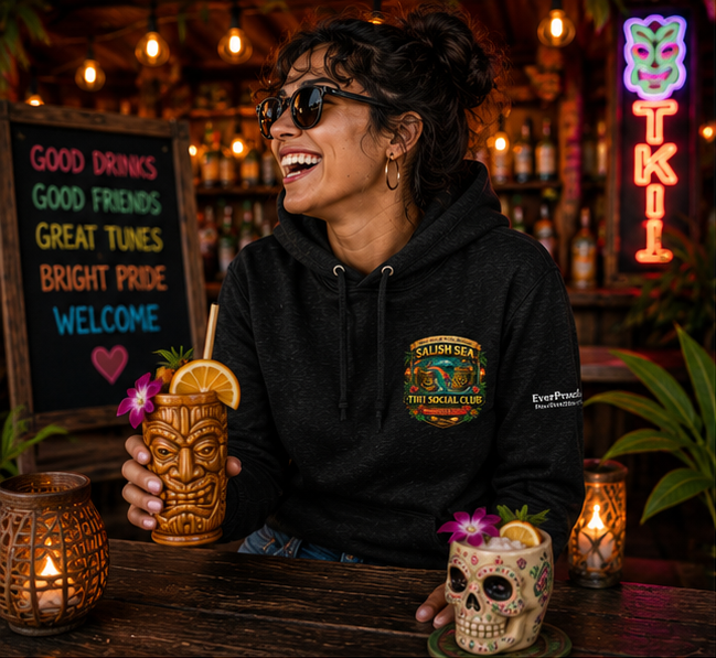 Serving Spirits Retro Tiki Hoodie at a Pacific Northwest retro tiki bar — queer-owned PNW Pride apparel, front view