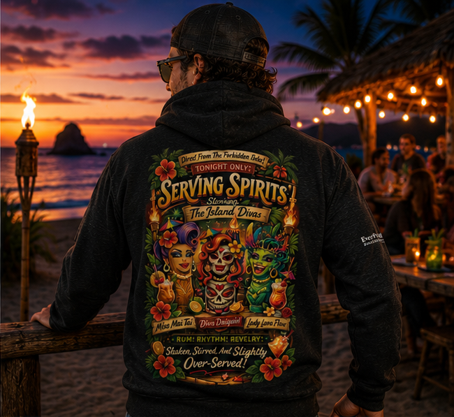 Serving Spirits Retro Tiki Hoodie on a Pacific Northwest waterfront at sunset — queer-owned PNW Pride apparel, back view
