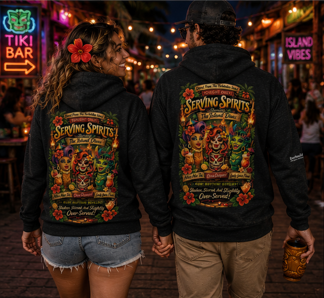 Serving Spirits Retro Tiki Hoodie in a Pacific Northwest neon tiki walk — queer-owned PNW Pride apparel, back view
