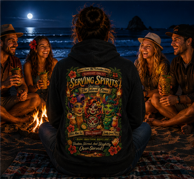 Serving Spirits Retro Tiki Hoodie at a Pacific Northwest moonlit bonfire — queer-owned PNW Pride apparel, back view