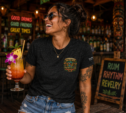 Serving Spirits Retro Tiki T-Shirt at a Pacific Northwest retro tiki bar — queer-owned PNW Pride apparel, front view