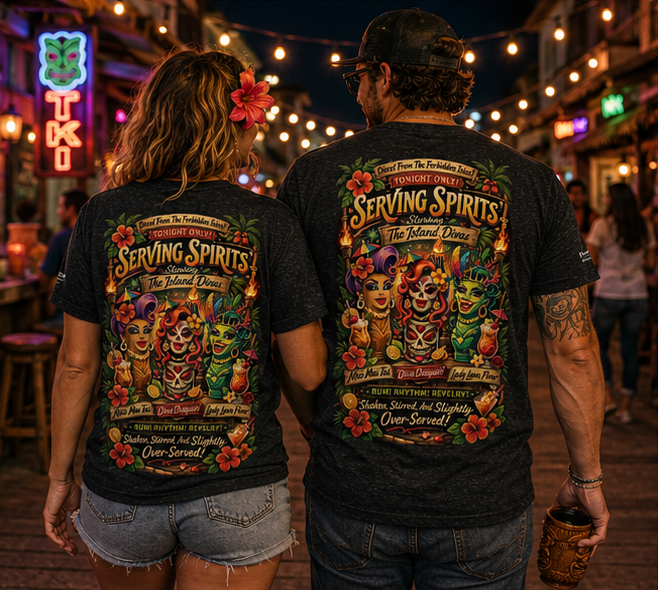 Serving Spirits Retro Tiki T-Shirt in a Pacific Northwest neon tiki walk — queer-owned PNW Pride apparel, back view