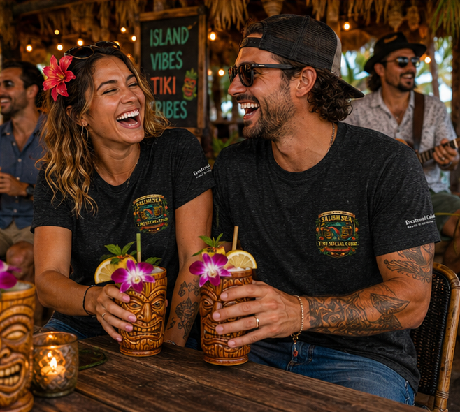 Serving Spirits Retro Tiki T-Shirt at a retro tiki lounge — queer-owned PNW Pride apparel, front view