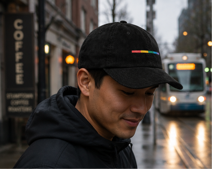 Signal Corduroy Cap at a rainy Portland streetcar stop — queer-owned PNW Pride apparel, front view