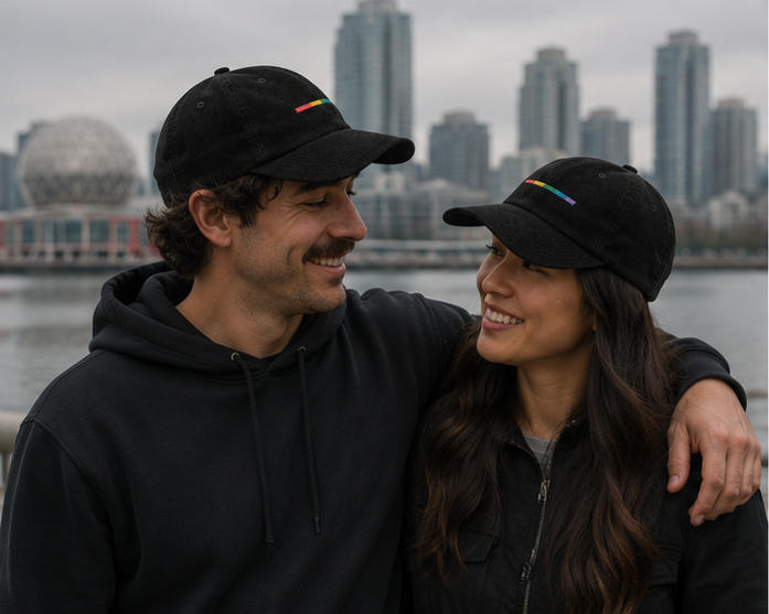 Signal Corduroy Cap on the Vancouver waterfront — queer-owned PNW Pride apparel, front view