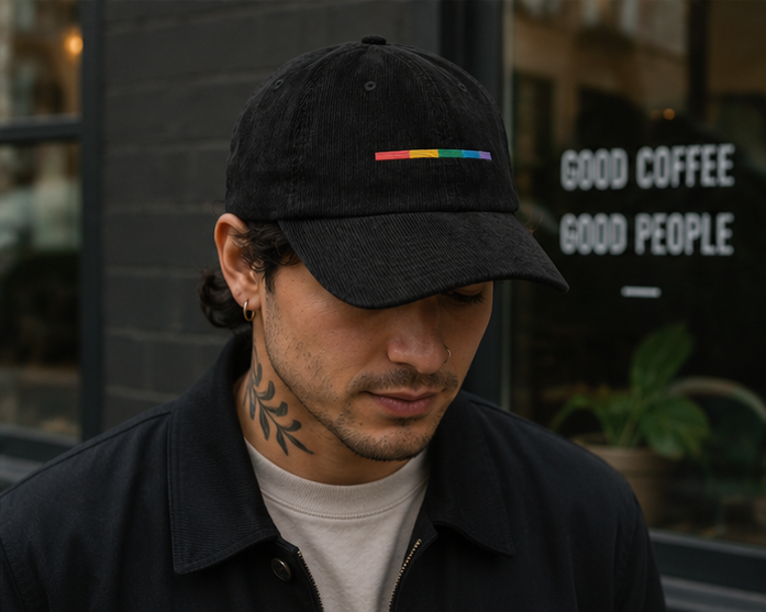 Signal Corduroy Cap at a Pacific Northwest coffee shop — queer-owned PNW Pride apparel, front view