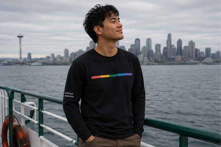 Signal Long Sleeve Tee at the Seattle ferry deck — queer-owned PNW Pride apparel, front view