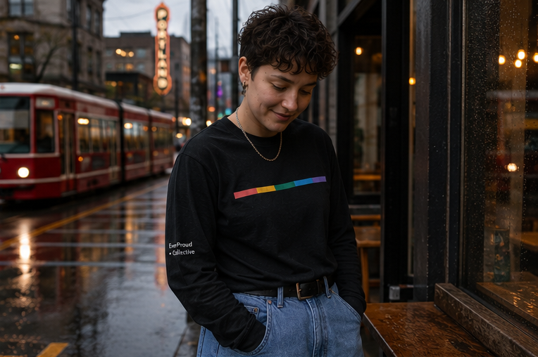 Signal Long Sleeve Tee at a rainy Portland streetcar stop — queer-owned PNW Pride apparel, front view