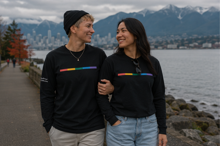 Signal Long Sleeve Tee at the Vancouver seawall — queer-owned PNW Pride apparel, front view