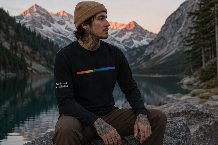 Signal Long Sleeve Tee at a misty Pacific Northwest mountain lake — queer-owned PNW Pride apparel, front view