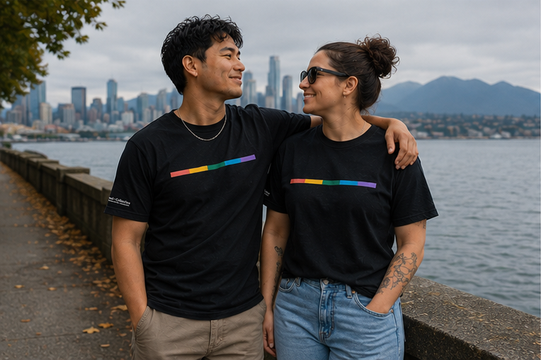 Signal Core T-Shirt on a Pacific Northwest waterfront — queer-owned PNW Pride apparel, front view