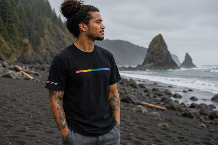 Signal Core T-Shirt on the rocky Pacific Northwest coast — queer-owned PNW Pride apparel, front view
