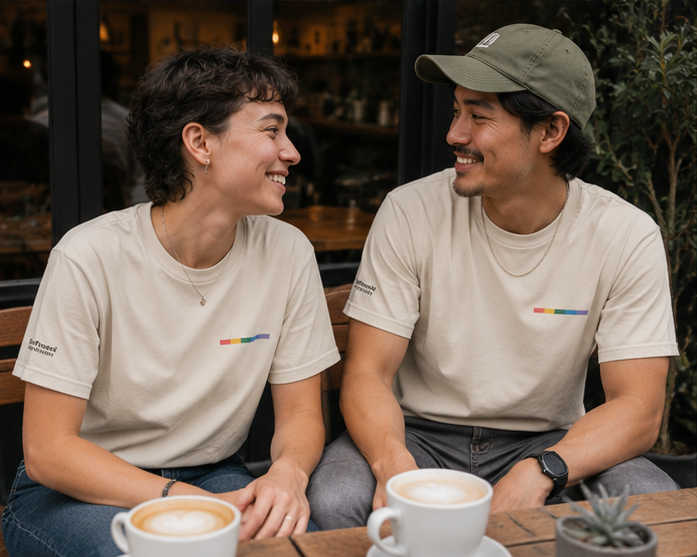 Signal Offset T-Shirt at a Pacific Northwest coffee shop — queer-owned PNW Pride apparel, front view