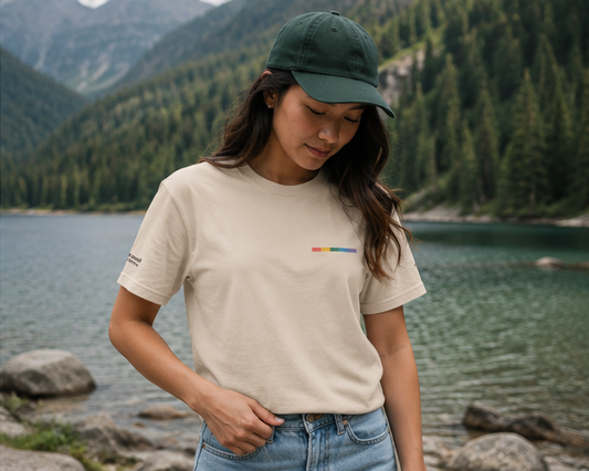 Signal Offset T-Shirt at a misty Pacific Northwest mountain lake — queer-owned PNW Pride apparel, front view