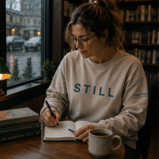 Still Sweatshirt at a rainy Pacific Northwest bookstore — queer-owned PNW Pride apparel, front view