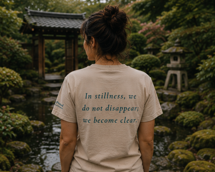Still T-Shirt at a Japanese garden — queer-owned PNW Pride apparel, back view with inspirational quote
