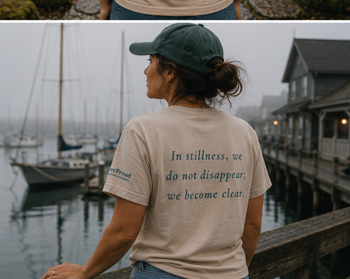 Still T-Shirt at a foggy Pacific Northwest marina — queer-owned PNW Pride apparel, back view with inspirational quote