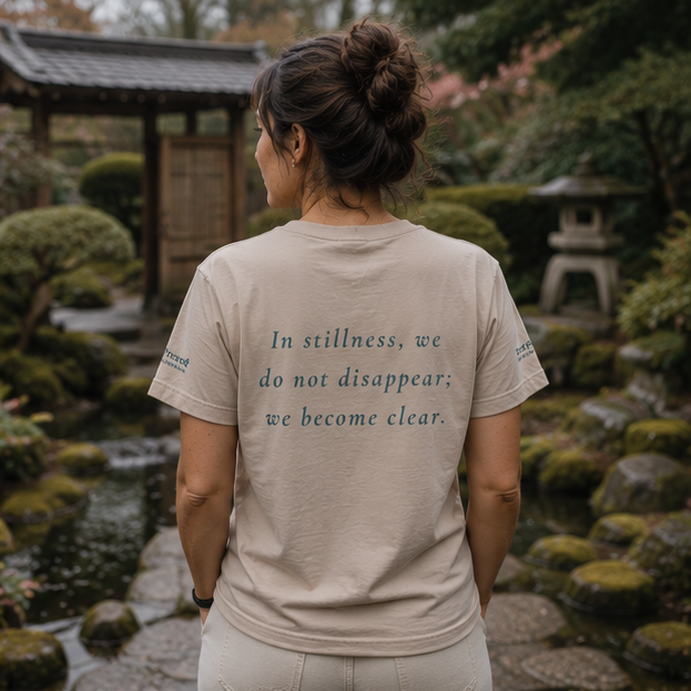 Still Women's Relaxed T-Shirt at a Japanese garden — queer-owned PNW Pride apparel, back view with inspirational quote