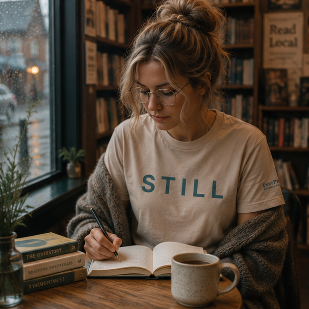 Still Women's Relaxed T-Shirt at a rainy Pacific Northwest bookstore — queer-owned PNW Pride apparel, front view