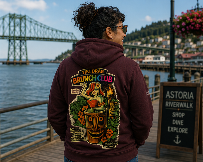 Tiki Drag Brunch Hoodie at the Astoria Riverwalk — queer-owned PNW Pride apparel, back view