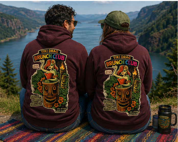 Tiki Drag Brunch Hoodie at the Columbia River Gorge — queer-owned PNW Pride apparel, back view