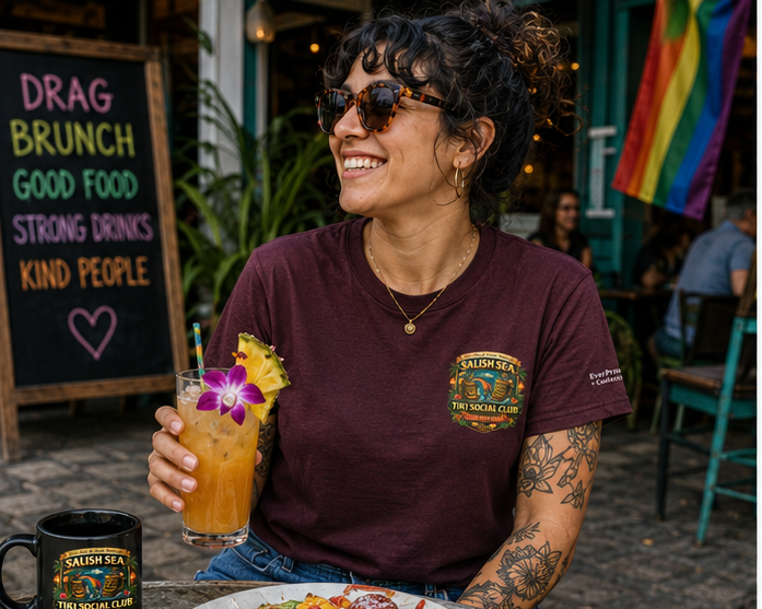 Tiki Drag Brunch T-Shirt at a Pacific Northwest café — queer-owned PNW Pride apparel, front view