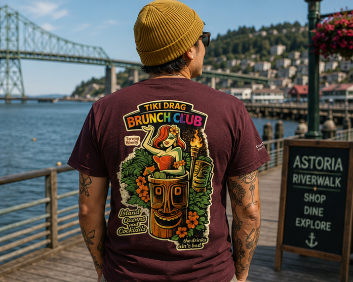 Tiki Drag Brunch T-Shirt at the Astoria Riverwalk — queer-owned PNW Pride apparel, back view