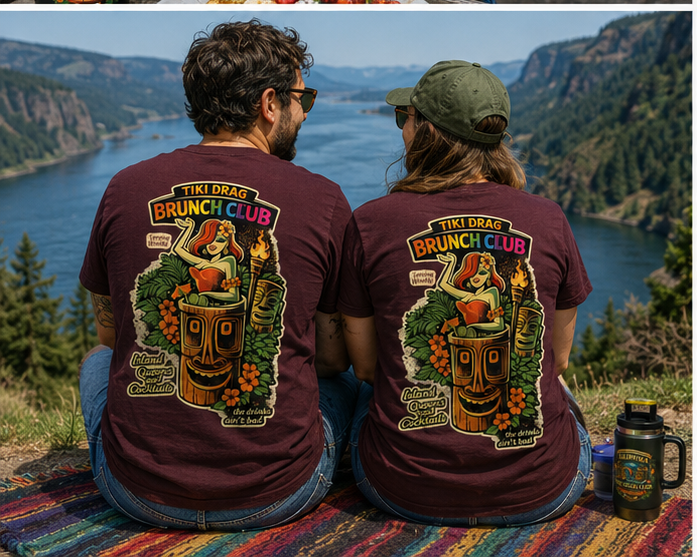 Tiki Drag Brunch T-Shirt at the Columbia River Gorge — queer-owned PNW Pride apparel, back view