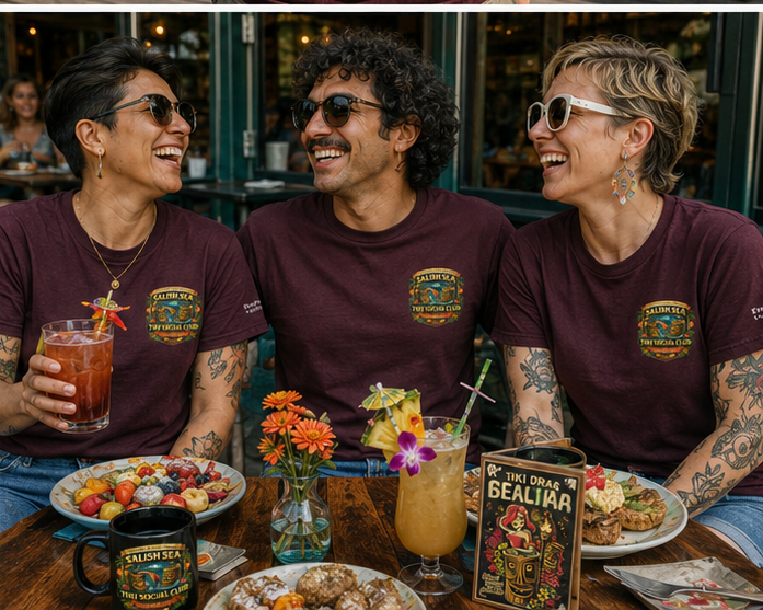 Tiki Drag Brunch T-Shirt — queer-owned Pacific Northwest LGBTQ+ Pride apparel, front view