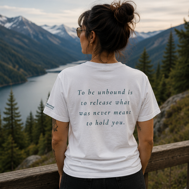 Unbound Women's Relaxed T-Shirt at a misty Pacific Northwest mountain lake — PNW Pride apparel, back view with inspirational quote