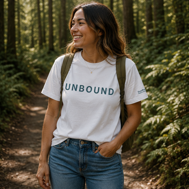 Unbound Women's Relaxed T-Shirt at a Pacific Northwest forest trail — queer-owned PNW Pride apparel, front view