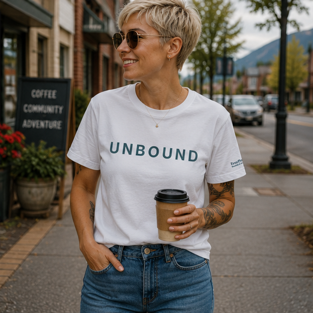 Unbound Women's Relaxed T-Shirt at a Pacific Northwest small-town coffee shop — queer-owned PNW Pride apparel, front view