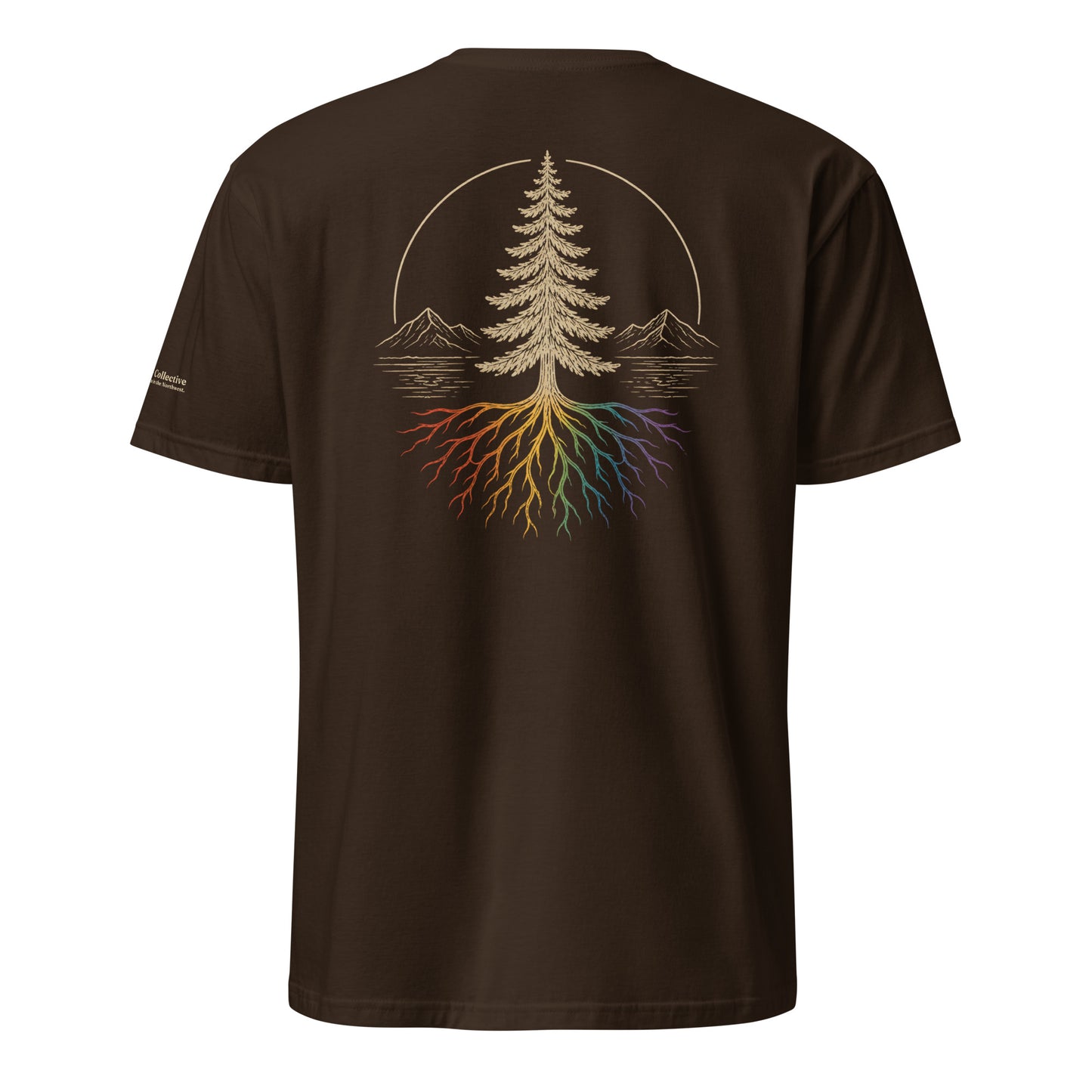 Beneath the Canopy T-Shirt — dark chocolate, back view, queer-owned PNW Pride apparel