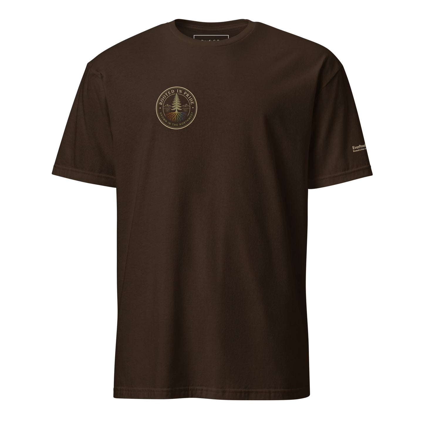 Beneath the Canopy T-Shirt — dark chocolate, front view, queer-owned PNW Pride apparel