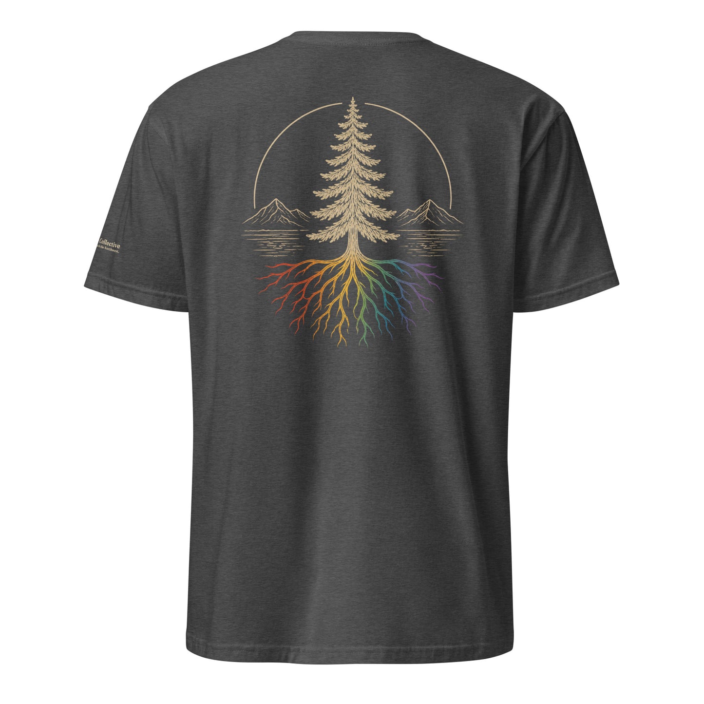 Beneath the Canopy T-Shirt — dark heather grey, back view, queer-owned PNW Pride apparel