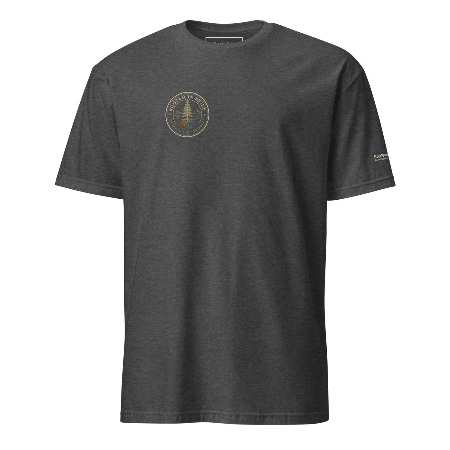 Beneath the Canopy T-Shirt — dark heather grey, front view, queer-owned PNW Pride apparel