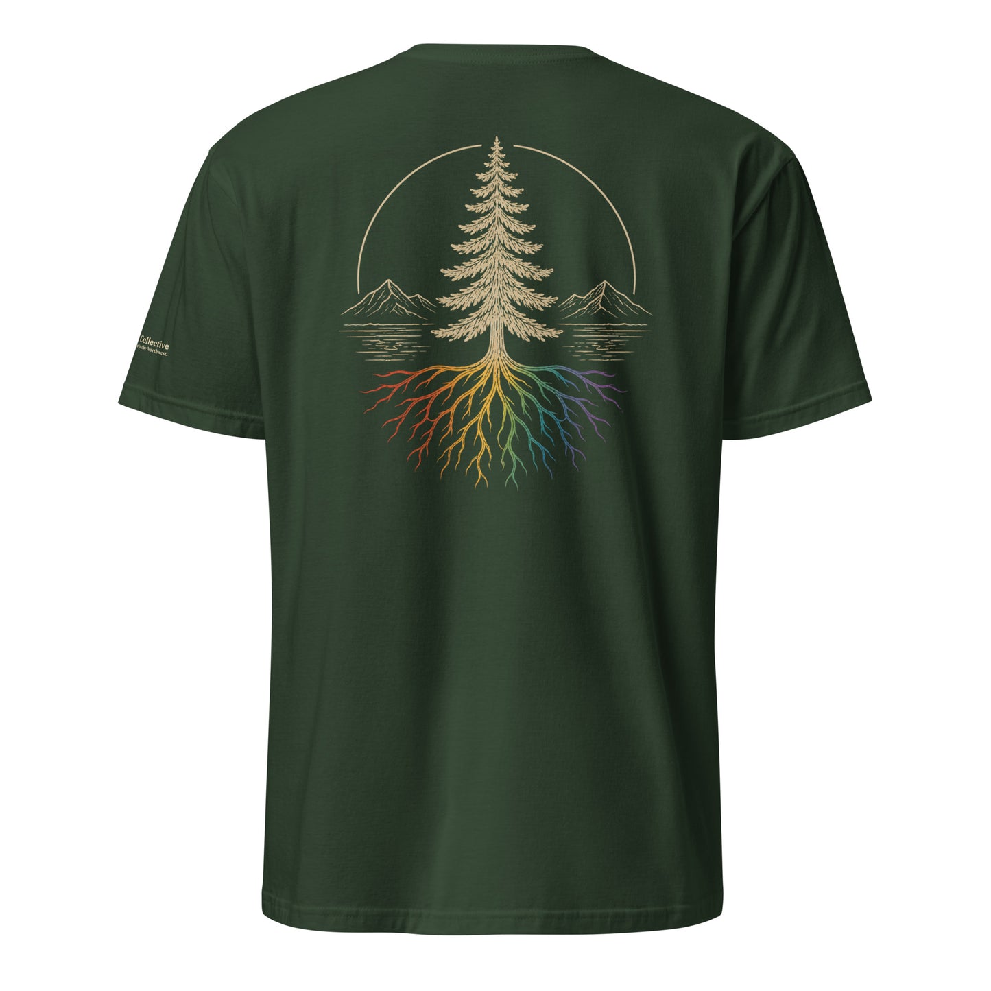 Beneath the Canopy T-Shirt — forest green, back view, queer-owned PNW Pride apparel