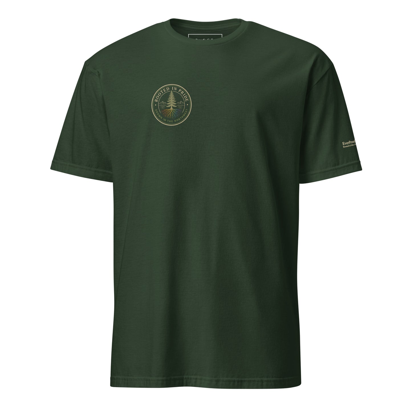 Beneath the Canopy T-Shirt — forest green, front view, queer-owned PNW Pride apparel