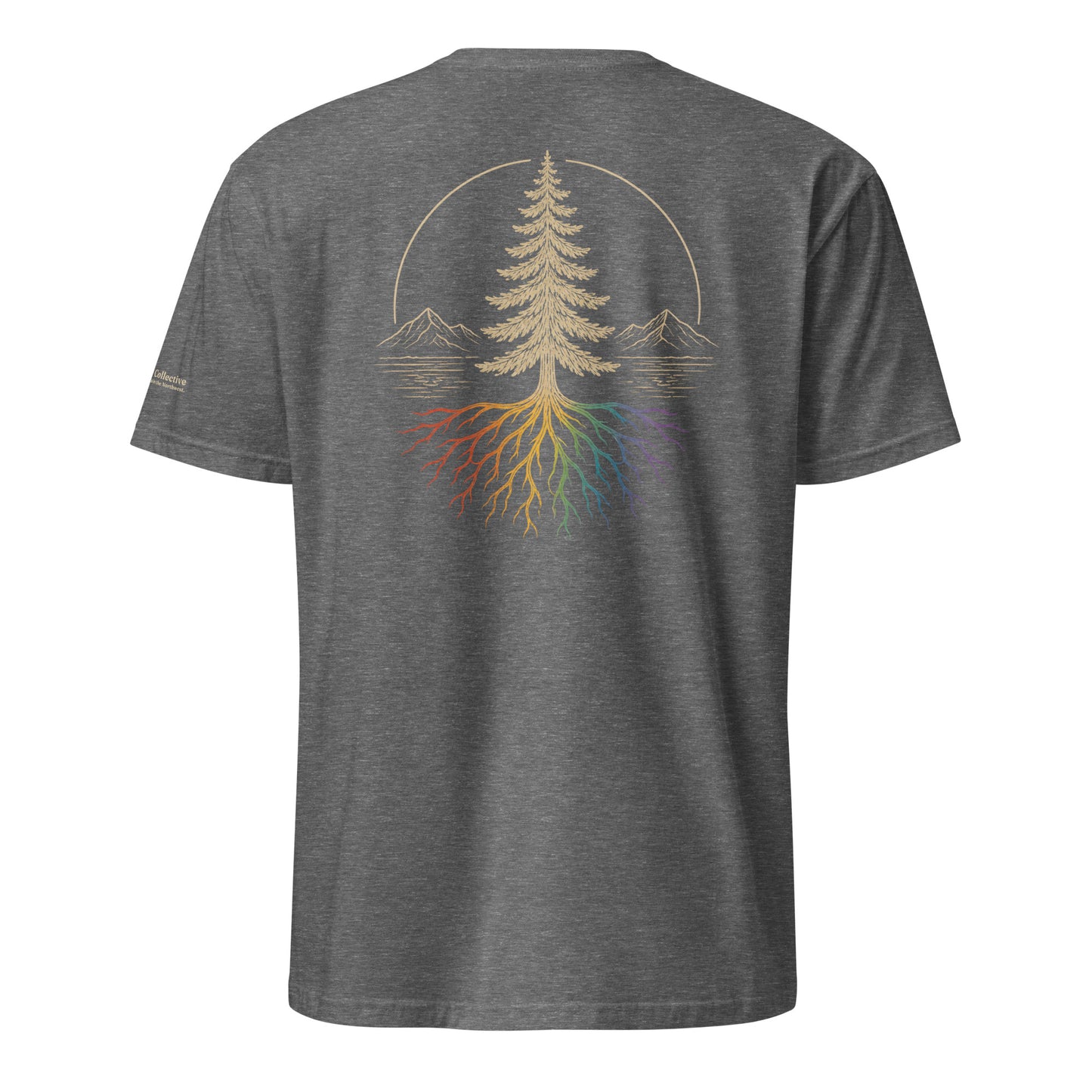 Beneath the Canopy T-Shirt — graphite heather, back view, queer-owned PNW Pride apparel