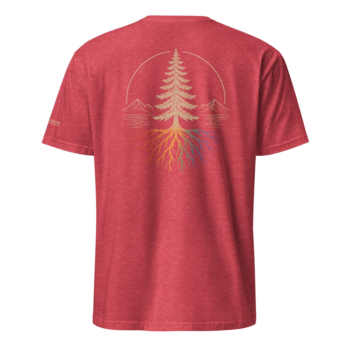 Beneath the Canopy T-Shirt — heather red, back view, queer-owned PNW Pride apparel