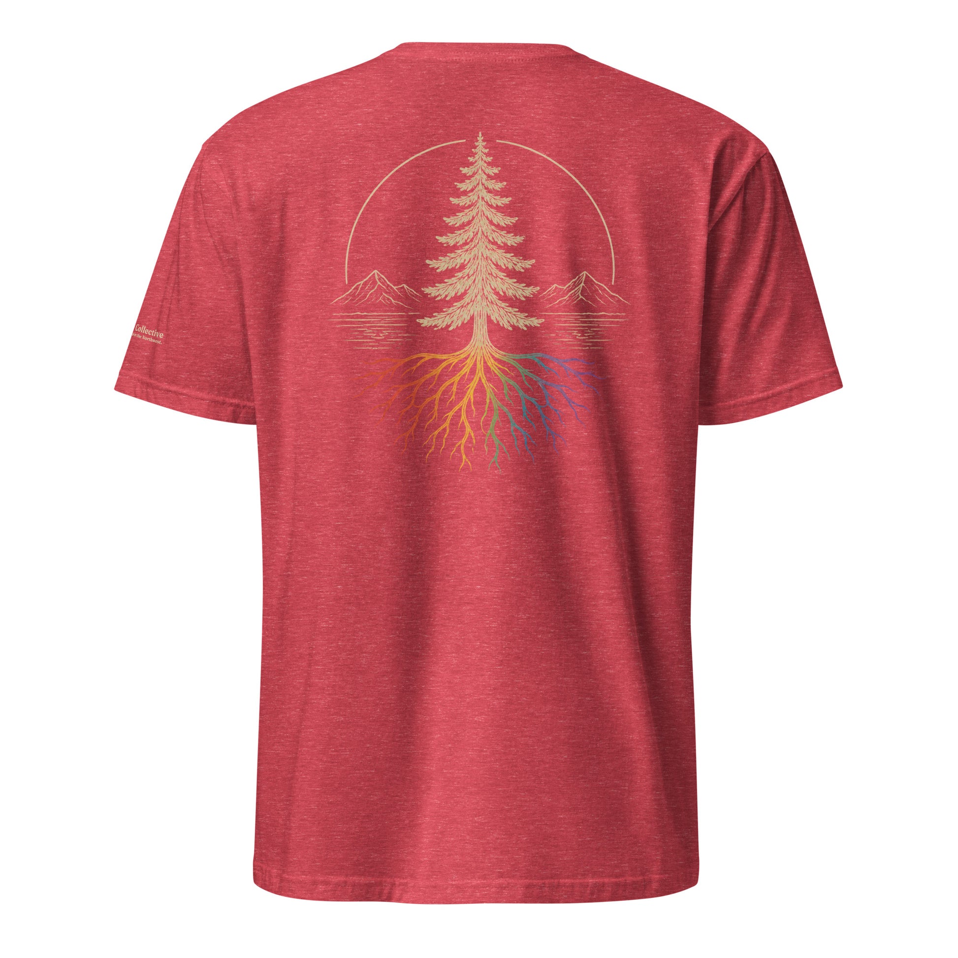 Beneath the Canopy T-Shirt — heather red, back view, queer-owned PNW Pride apparel