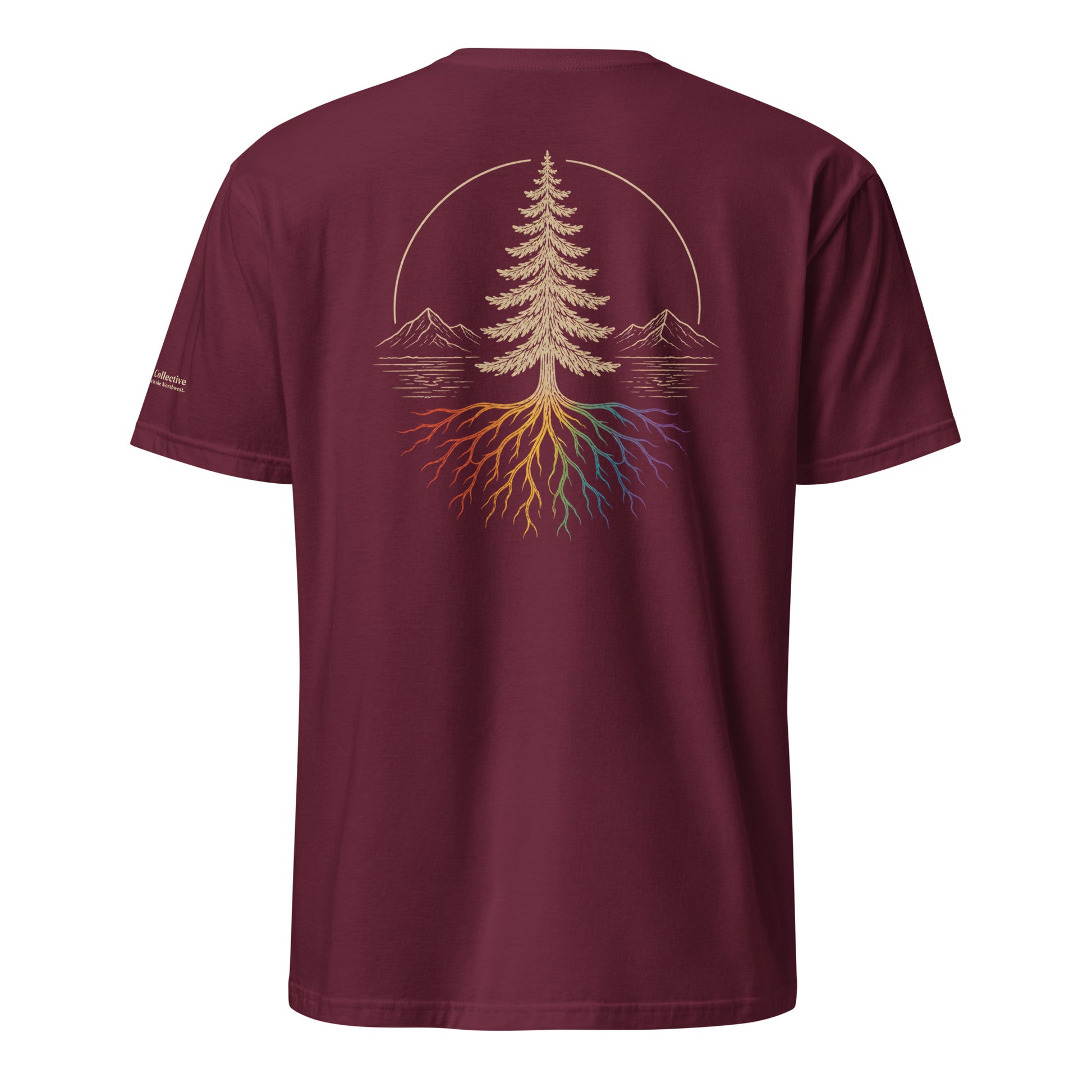 Beneath the Canopy T-Shirt — maroon, back view, queer-owned PNW Pride apparel