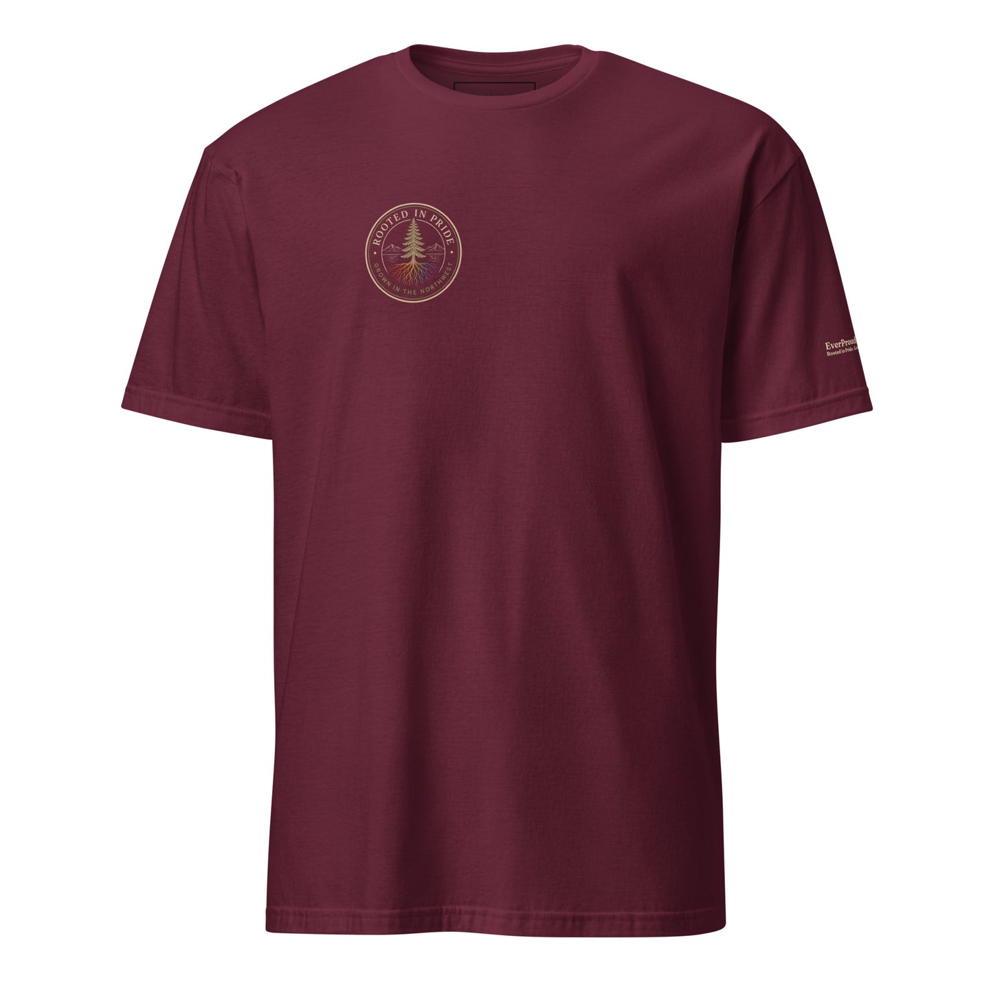 Beneath the Canopy T-Shirt — maroon, front view, queer-owned PNW Pride apparel