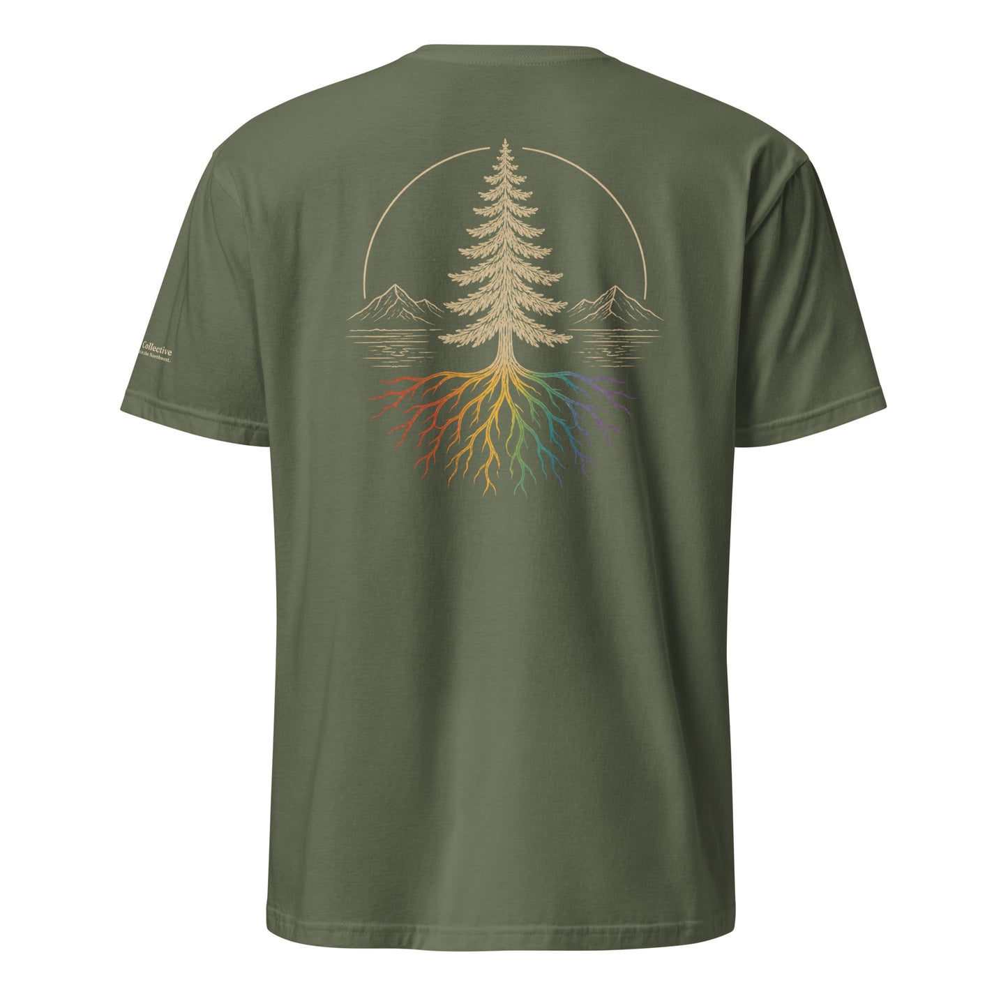 Beneath the Canopy T-Shirt — military green, back view, queer-owned PNW Pride apparel