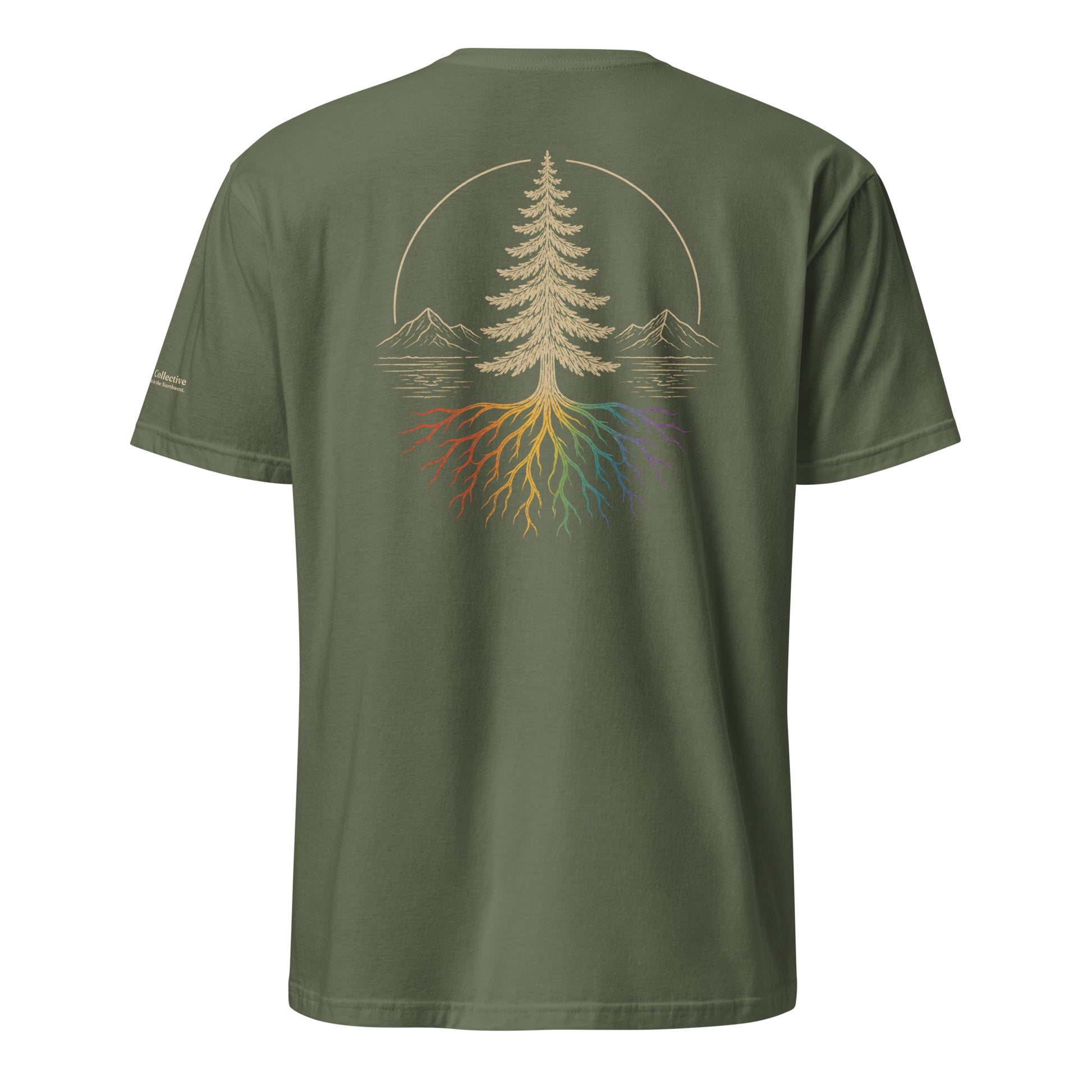 Beneath the Canopy T-Shirt — military green, back view, queer-owned PNW Pride apparel