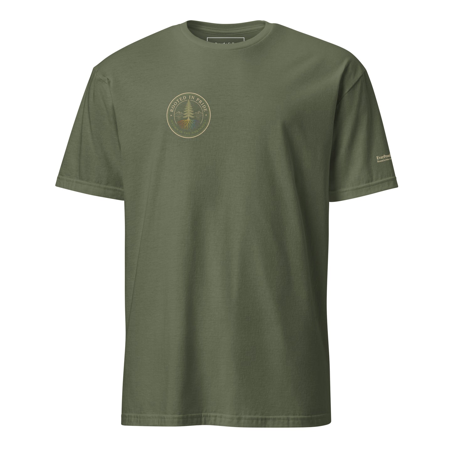 Beneath the Canopy T-Shirt — military green, front view, queer-owned PNW Pride apparel